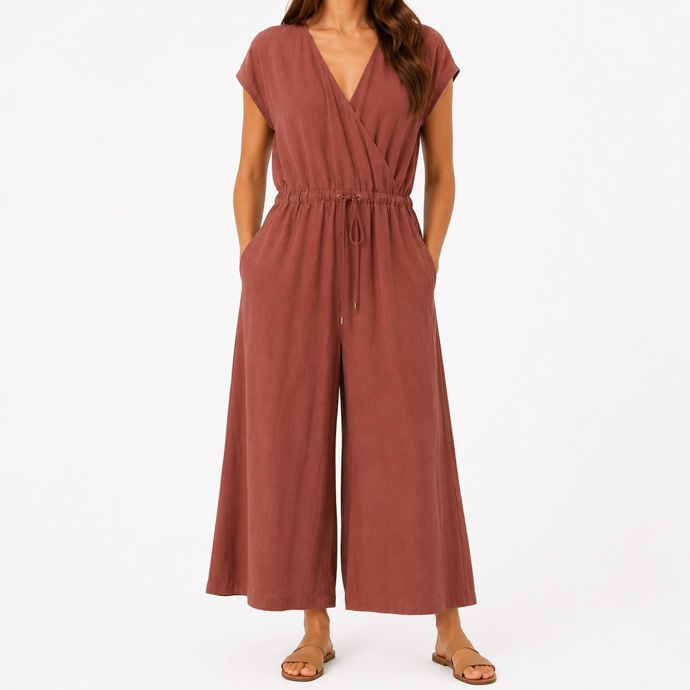 Eileen Fisher Jumpsuit Womens L Sleeveless Wrap V Neck Quiet Luxury Travel Party